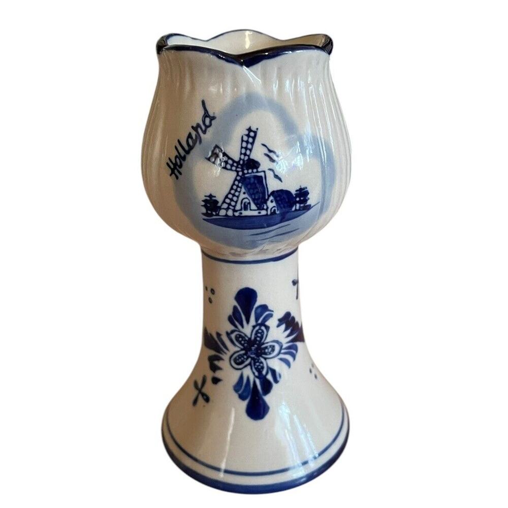 VTG. Delft Blue&White Holland Hand-painted Tulip Taper Candle Holder Collectable